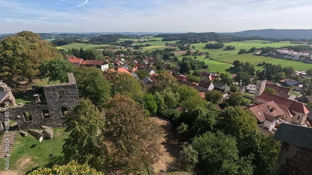 Brennberg with surrounding meadows and forests filmed from the observation tower Brennberg with surrounding meadows and forests filmed from the observation tower