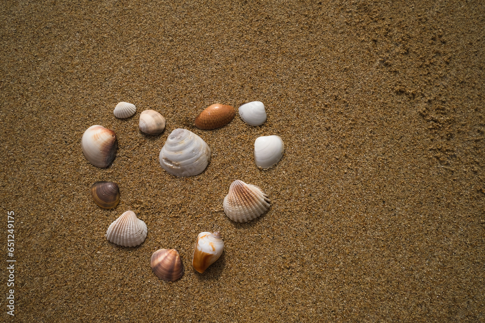Heart of sea shells on sandy beach summer background. Heart of sea shells on sandy beach summer background.