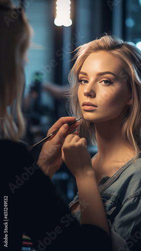 a happy make-up artist giving a make-up tutorial. Depth of field. generative ai