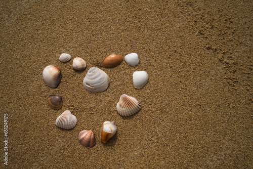 Heart of sea shells on sandy beach summer background. 