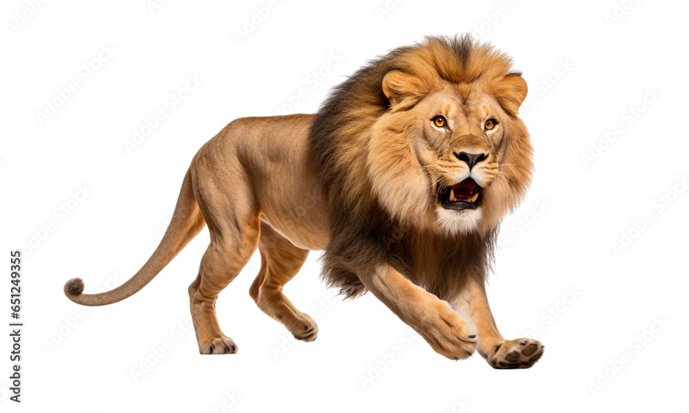 Male lion, king of the jungle, predator in a running pose, transparent background. Male lion, king of the jungle, predator in a running pose, transparent background.