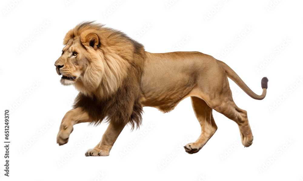 Male lion, king of the jungle, predator in a running pose, transparent background.