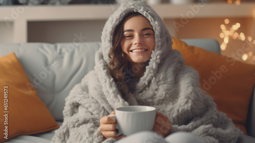 A Cheerful woman drinking coffee while sitting under the covers on the couch at home.generative ai