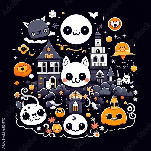 Cute Halloween pumpkin, cats and sweets. Cartoon set kawaii drawing