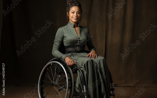A businesswoman in an austere suit in a wheelchair