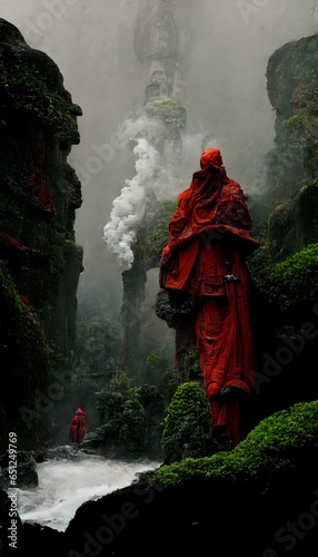 a futuristic technopunk male monk in red and black robes of smoke stands before the entrance of Valhalla made in rocks moss djungle heavy rainstorm ornate beautiful extreme detailed statues lush  photo