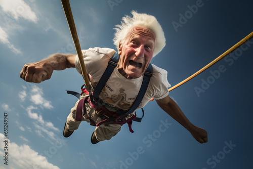 senior retired man bungee jumping enjoying retirement