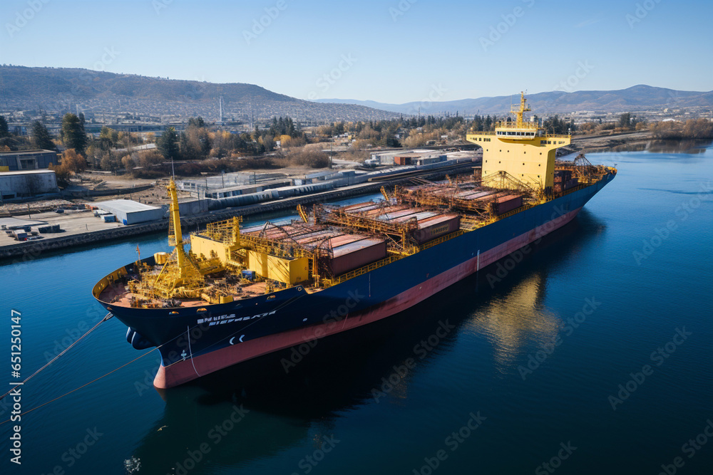 Cargo Container Ship approaching port with tugboat containers. Concept of agriculture, food supply crisis, global food scarcity because of war, drought lost for world. Grain deal port logistic