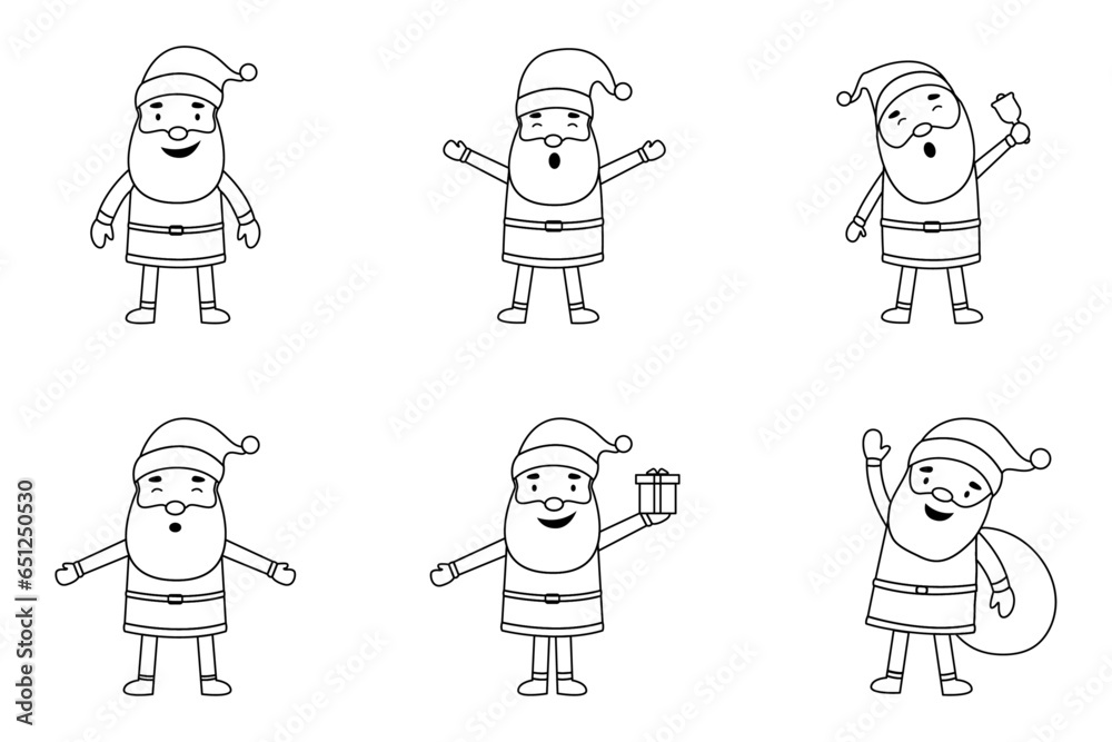 Set of Line art funny Santa with different emotions and situations for Christmas and New Year