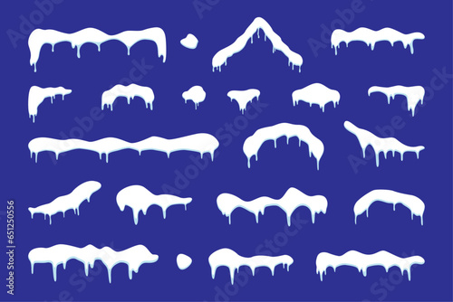 Flat Snow caps set. Snowballs and snow drifts winter decoration snowy elements.
