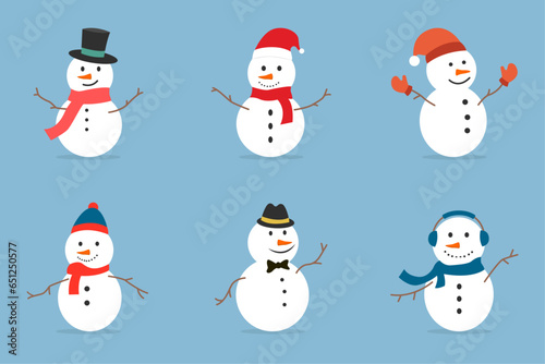 Flat Cheerful Snowman set in different costumes. Winter, Christmas, and New Year design elements