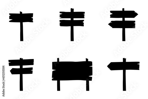 Set wooden signboard in flat design. road direction signboards and arrow pointers, guideposts and billboard poles
