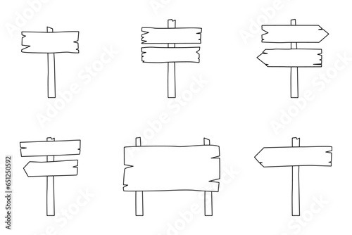 Set wooden signboard in flat design. road direction signboards and arrow pointers, guideposts and billboard poles