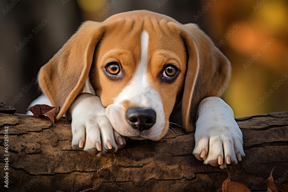 Close up portrait of a cute beagle dog lying on a tree trunk in the forest