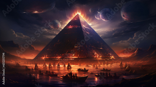 A giant pyramid floating with fire runes several