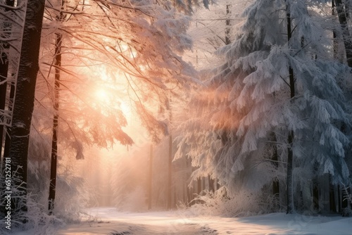 Winter forest with frost and snow, sun rays penetrate through the trees