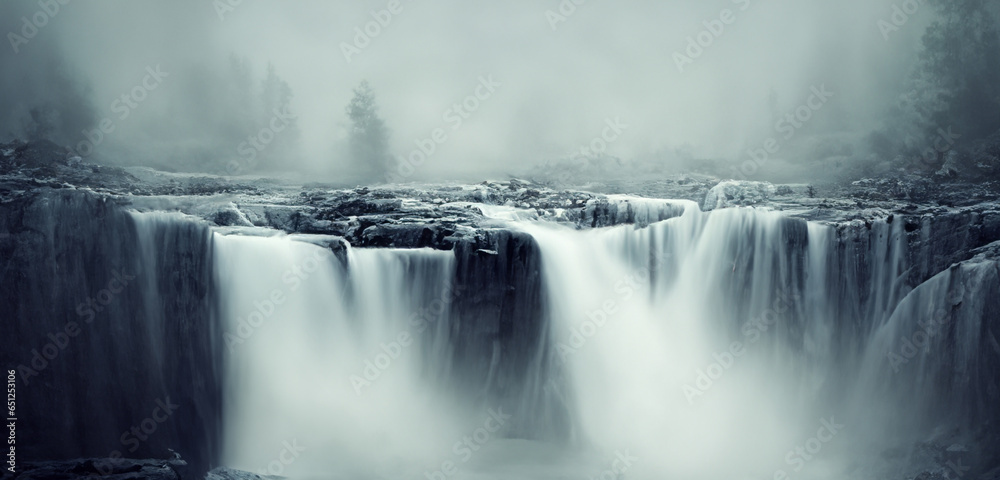 Dark tone waterfall background fantasy forest stream in nature waterfall on the hill Filled with big trees and water spray. Dark tone waterfall background fantasy forest stream in nature waterfall on the hill Filled with big trees and water spray.