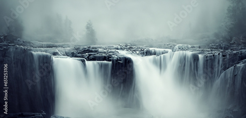 Dark tone waterfall background fantasy forest stream in nature waterfall on the hill Filled with big trees and water spray.