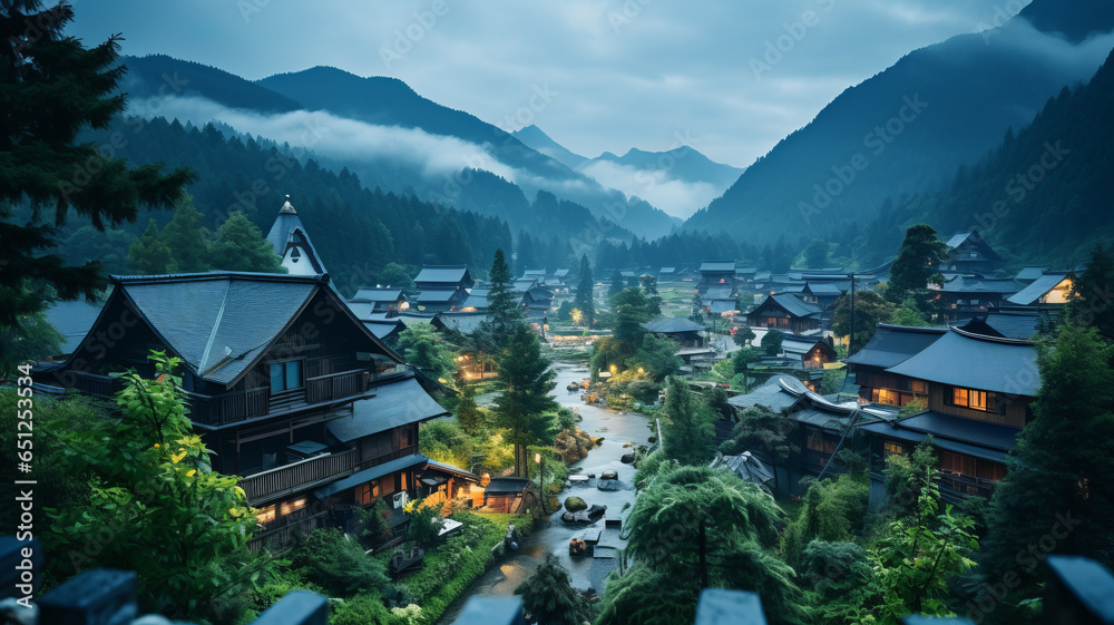 Naklejka premium Shirakawa-go villages in snowfall day.