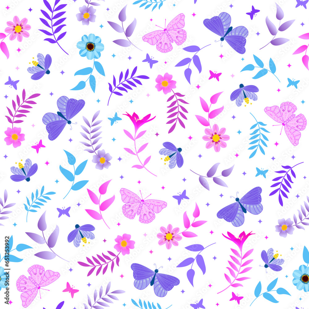 ditsy floral print. blue pink butterfly and firefly in the garden. botanical flowers seamless pattern. good for fabric, fashion design, wallpaper, summer spring dress, kids wear, textile, background.
