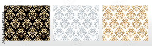 Wallpapers in the style of Baroque. Seamless vector backgrounds. Set of colored floral ornaments. Graphic patterns for fabric, wallpaper, packaging. Ornate Damask flower ornaments