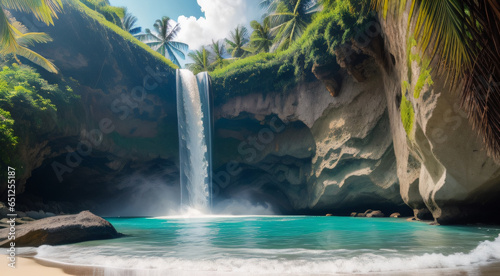 Realistic photo painting of waterfall on a paradisiacal beach, Generative Ai.