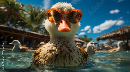A duck wearing sunglasses enjoys a casual swim in a pool, its reflection distorted by the water's movement. Generative AI © Dougie C