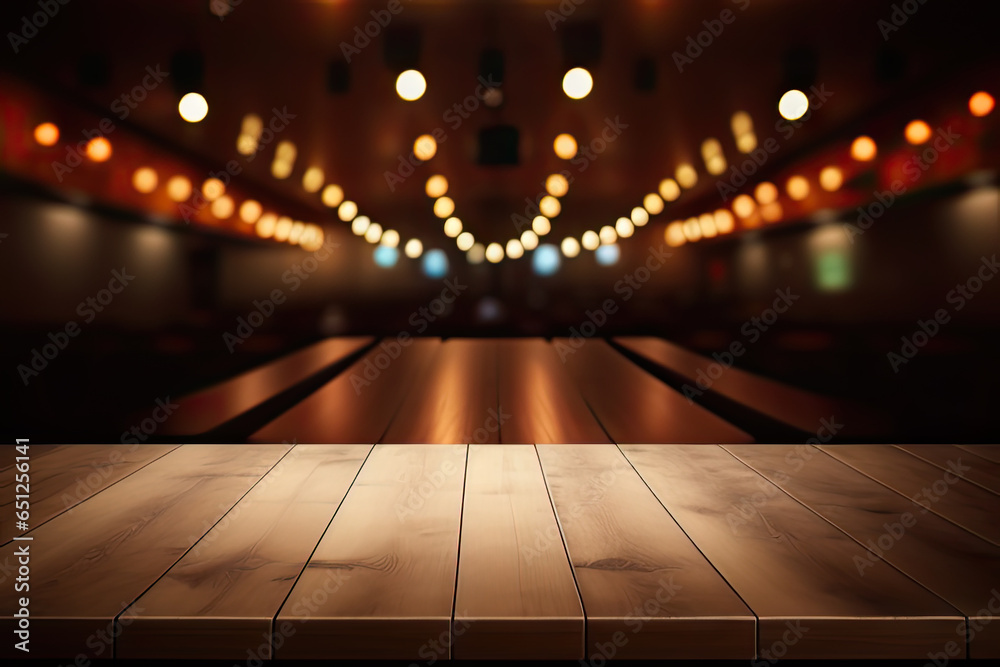 Blurred background of stage bar or cafe lounge with bokeh lights 