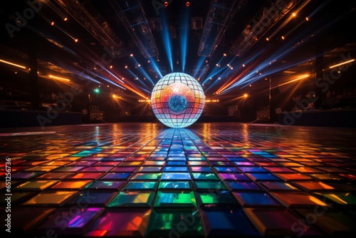 Illustration of a disco ball with vibrant, colorful lights illuminating the scene created with Generative AI technology