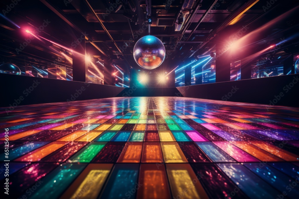 Illustration of a vibrant disco dance floor with a dazzling disco ball at its center created with Generative AI technology - obrazy, fototapety, plakaty 