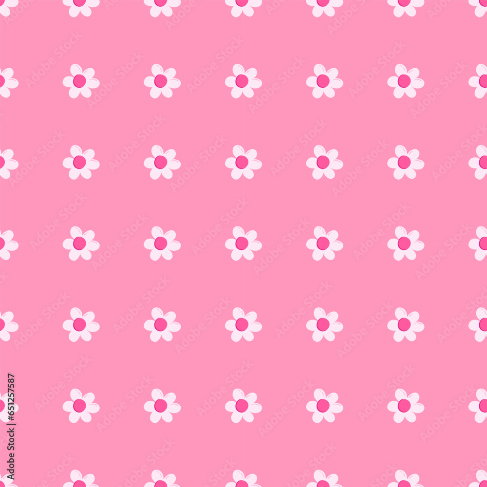 Barbiecore flower seamless pattern design in pink and white colors. Trendy vector background. Hand drawn illustration for fabric, paper, card.