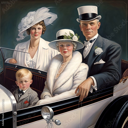 photorealistic it is the year 1920 in America the chauffeur wears a white tuxedo and a chauffeurs hat in the 1920 convertible car is a 1920s woman and her three children  photo