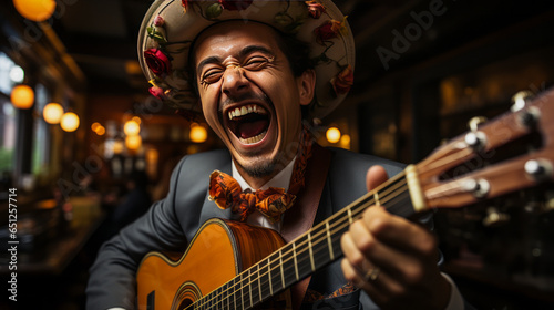 Jubilant mariachi expressing exhilaration through his infectious smile, guitar in hand, sombrero on head. Capture a moment of unadulterated joy and music.
