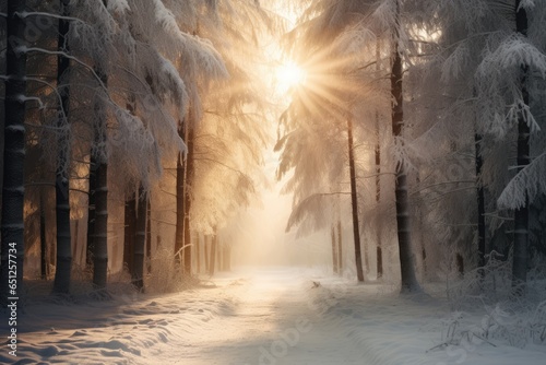 Winter forest with frost and snow  sun rays penetrate through the trees