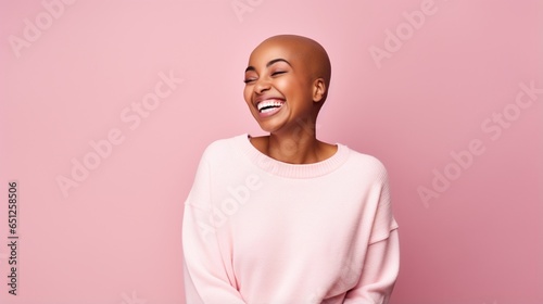 Warm-toned waist up portrait of carefree bald woman smiling while posing against minimal pink background in studio, alopecia and cancer awareness, copy space