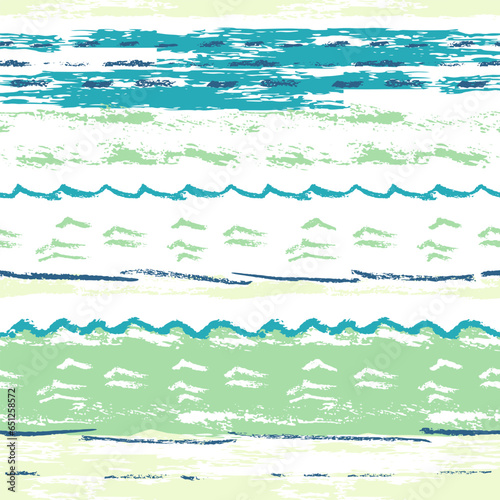 Sea waves. Crayon seamless pattern. Summer illustration, pastel colors background. Grunge print for textile, wallpaper, children's clothes. Hand drawn texture. Creative drawing for kids, fashion.
