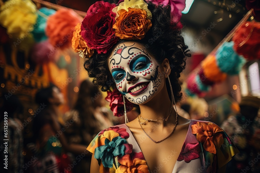 Day of The Dead. Woman with sugar skull makeup on a floral background in the street. AI Generated Day of The Dead. Woman with sugar skull makeup on a floral background in the street. AI Generated