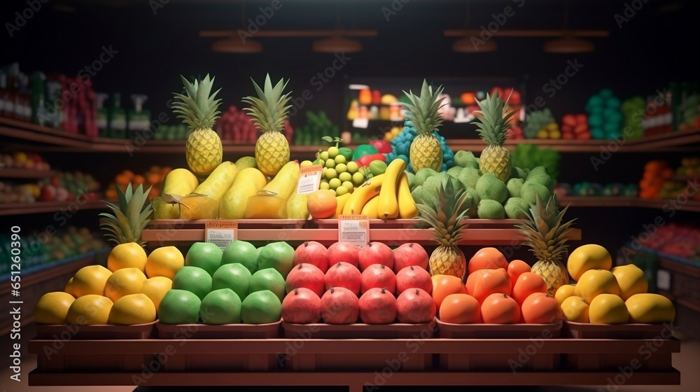 Display of fruits inside the warehouse. Close-up of well-lit fruit.