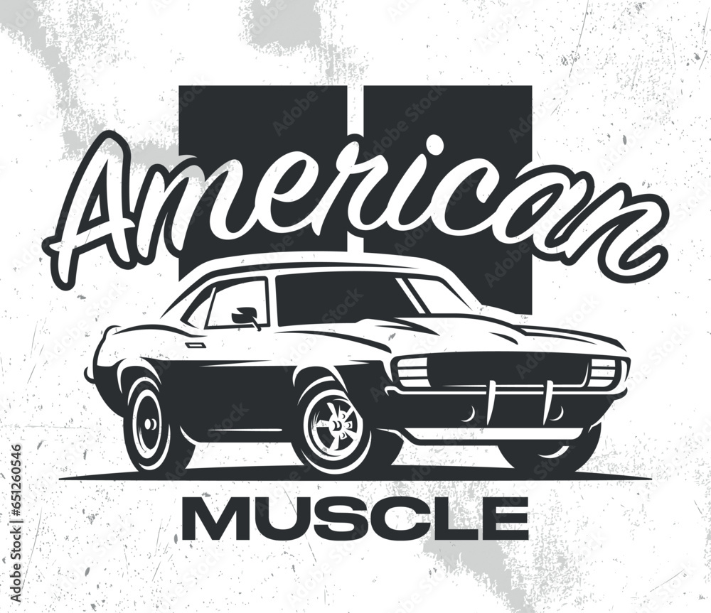 Muscle car illustration. Old classic car t-shirt print, logo, emblem. Element for flyer, banner and poster