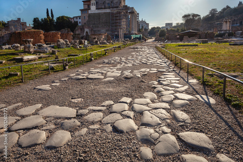 Photography Well-preserved Roman road Via Sacra on Roman Forum, Rome, Italy