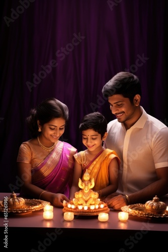 Diwali concept. an Indian family in a festive interior. holiday paraphernalia. candles. lamps. on a cozy purple background