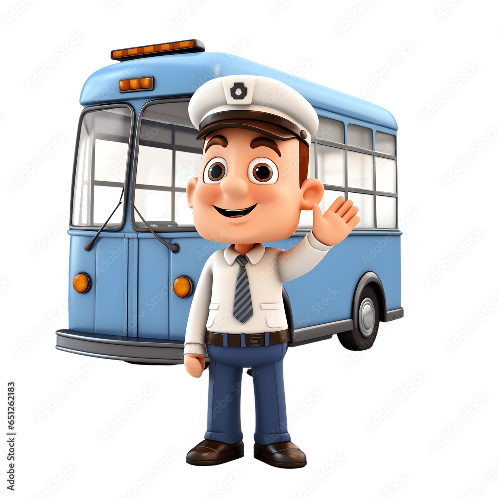 3D Cartoon Character of a Bus Driver with a Bus Isolated on Transparent ...