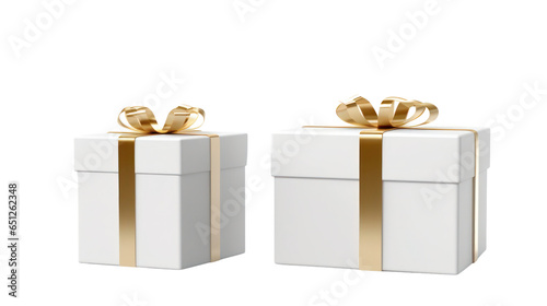 White gift box with golden ribbon, isolated on transparent background, generative ai