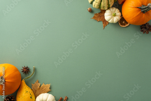 Celebrate the beauty of the autumn harvest with this top view shot. Ripped pumpkins and quintessential fall items set against a dark green isolated backdrop, providing space for text or promotions