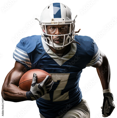 A black American football player with dreadlocks in a white and blue helmet and uniform runs with a ball in his right hand. Isolated by transparent background