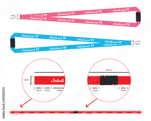 Vector lanyard template design with dimensions highlighted in circles