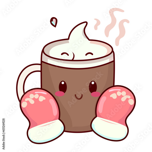 hot cup with coffee cute kawaii warm mittens vector illustration