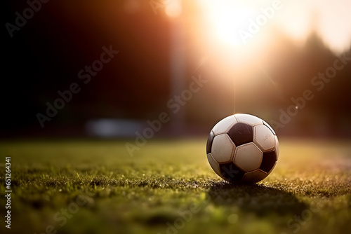 Lonely black and white soccer leather ball on green grass sport field at sunny time outdoor.