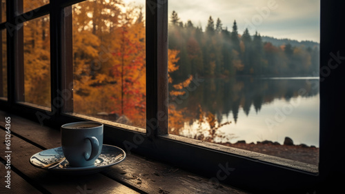 Hot cup of coffee in the window of a lakefront house in autumn