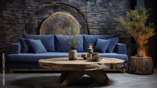A rustic home interior design of a living room includes a blue velvet sofa with grey pillows and a blanket near a Venetian stucco wall with a tree cross-section as wall decor © Newton